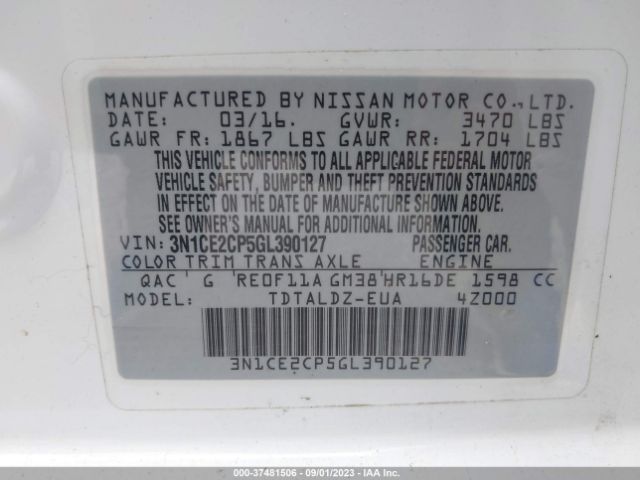 3N1CE2CP5GL390127 Nissan Versa Note S/s Plus/sv/sr/sl