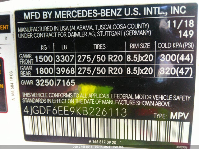 2019 MERCEDES-BENZ GLS VIN: 4JGDF6EE9KB226113
