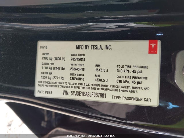 2018 Tesla 3, VIN: 5YJ3E1EA2JF037981