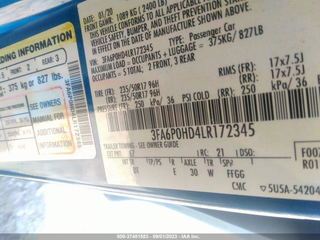 Ford FUSION SE 2020 3FA6P0HD4LR172345 Image 9