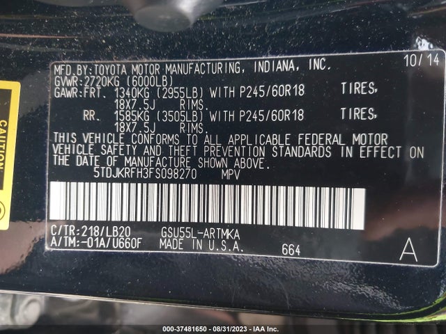 Toyota Highlander Xle 2015 5TDJKRFH3FS098270 Image 14