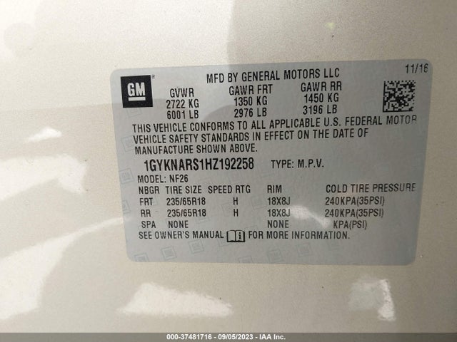 1GYKNARS1HZ192258 Cadillac Xt5 Fwd