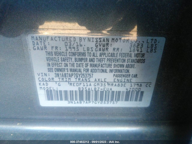 2016 NISSAN SENTRA SR/SL/S/SV/FE+ S VIN: 3N1AB7AP7GY253757