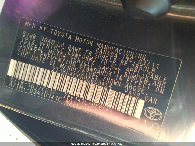 2011 TOYOTA COROLLA L/LE/S VIN: 2T1BU4EE6BC603424