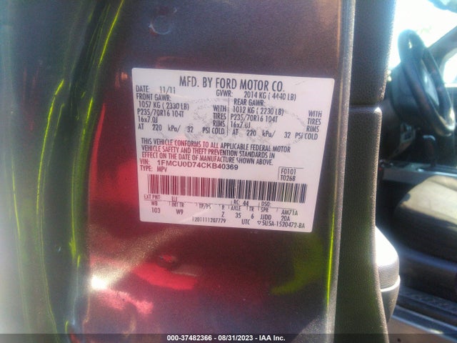 2012 FORD ESCAPE XLT VIN: 1FMCU0D74CKB40369