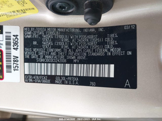 2012 TOYOTA SIENNA LE VIN: 5TDKK3DC0CS242006