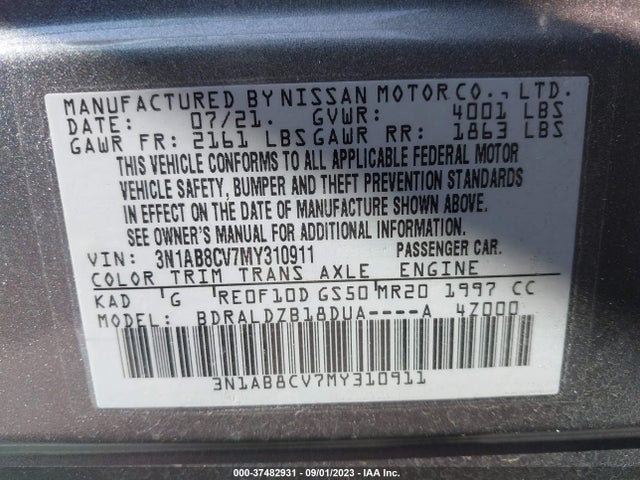 2021 NISSAN SENTRA SV VIN: 3N1AB8CV7MY310911