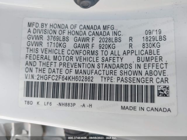 2HGFC2F64KH602862 Honda Civic Sedan Lx