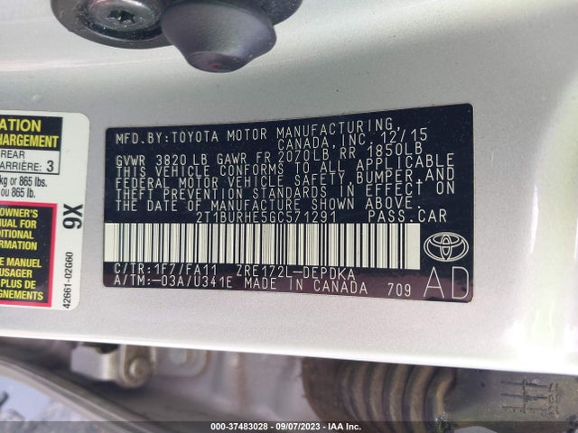 2016 TOYOTA COROLLA L/LE/S/S PLUS/LE PLUS VIN: 2T1BURHE5GC571291
