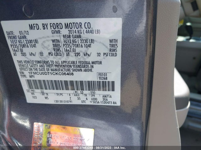 2012 FORD ESCAPE XLT VIN: 1FMCU0D71CKC06408