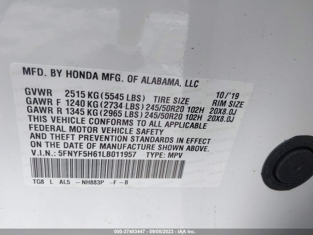 Honda Pilot Touring 7-passenger 2020 5FNYF5H61LB011957 Image 9