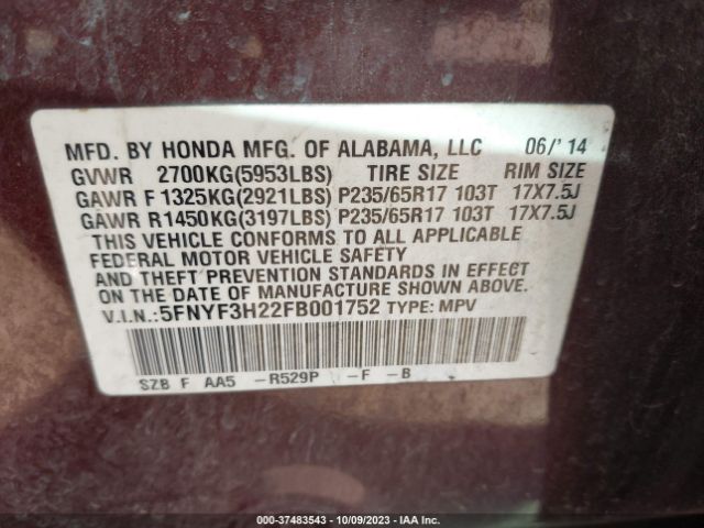 5FNYF3H22FB001752 Honda PILOT LX