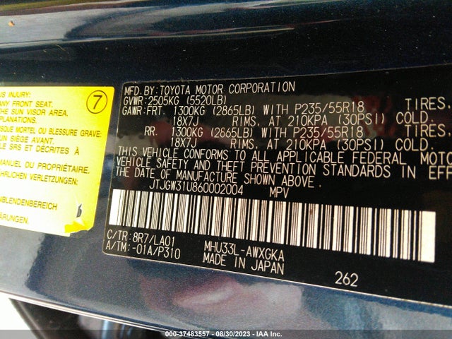 37483557 :رقم المزاد ، JTJGW31U860002004 vin ، 2006 Lexus Rx 400h مزاد بيع