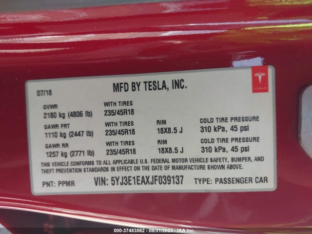 5YJ3E1EAXJF039137 Tesla Model 3 Range Battery
