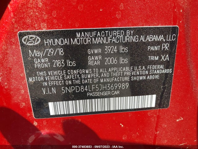 2018 HYUNDAI ELANTRA SEL VIN: 5NPD84LF5JH369989