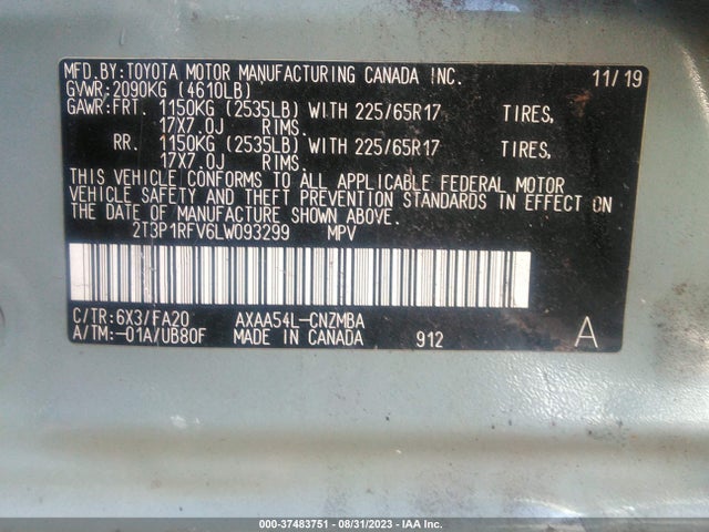 Toyota Rav4 Xle 2020 2T3P1RFV6LW093299 Image 9