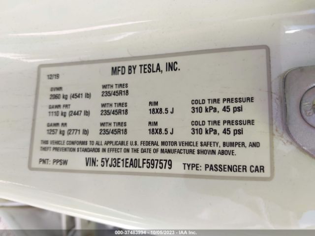 5YJ3E1EA0LF597579 Tesla Model 3 Standard Range
