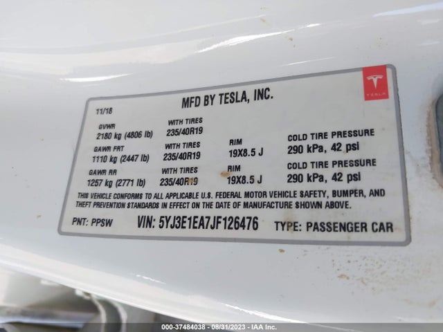 Tesla Model 3 Range Battery 2018 5YJ3E1EA7JF126476 Image 9