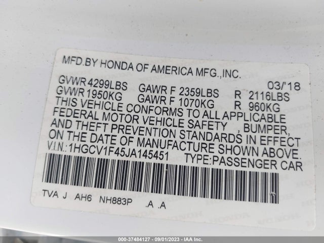 2018 HONDA ACCORD SEDAN EX 1.5T VIN: 1HGCV1F45JA145451