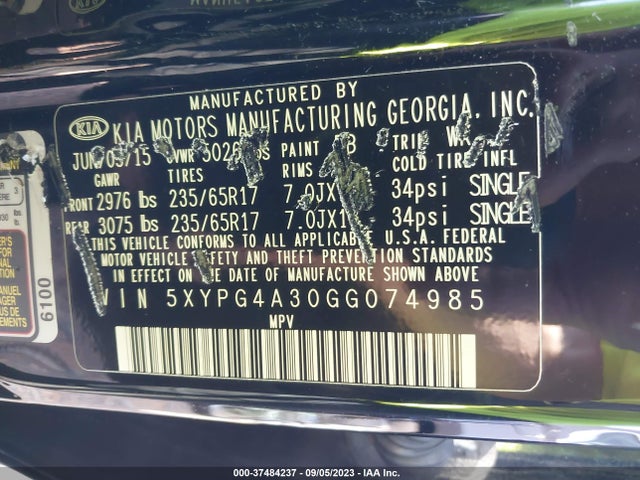 2016 KIA SORENTO L VIN: 5XYPG4A30GG074985