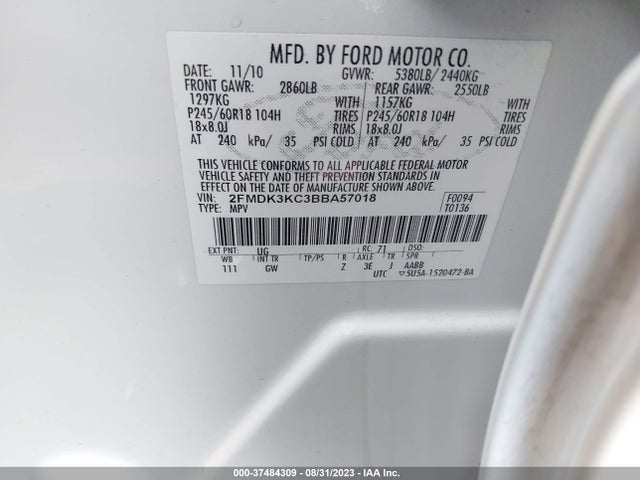 2011 FORD EDGE LIMITED VIN: 2FMDK3KC3BBA57018