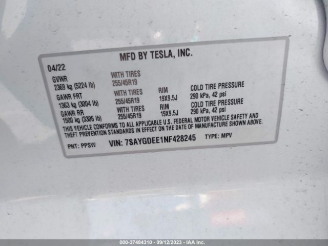 7SAYGDEE1NF428245 Tesla Model Y Long Range