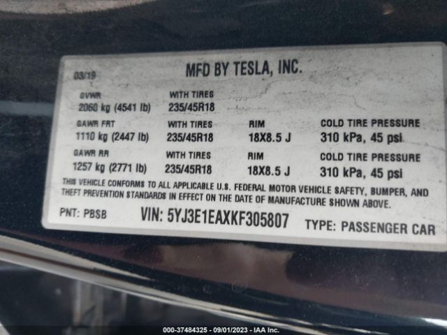 5YJ3E1EAXKF305807 Tesla Model 3 Range