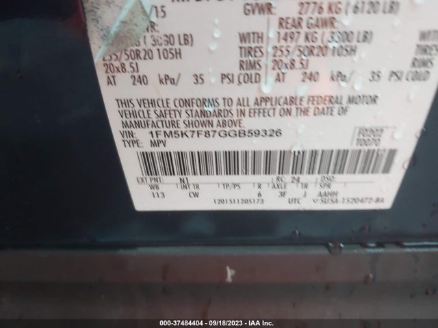 Ford Explorer Limited 2016 1FM5K7F87GGB59326 Image 9