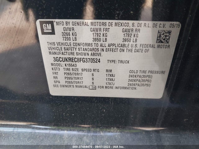 2015 CHEVROLET SILVERADO 1500 LT VIN: 3GCUKREC8FG370524