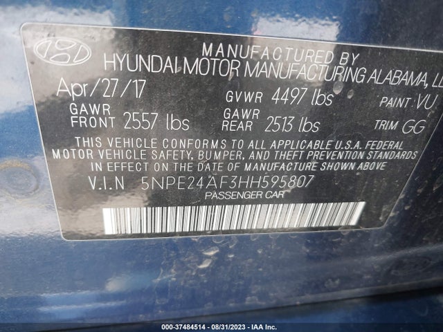 Hyundai Sonata 2.4l 2017 5NPE24AF3HH595807 Image 9