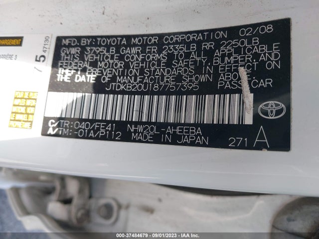 2008 TOYOTA PRIUS VIN: JTDKB20U187757395