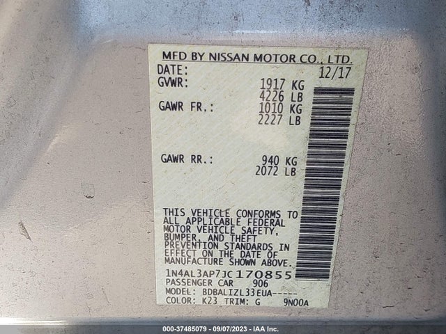 2018 NISSAN ALTIMA 2.5 SV VIN: 1N4AL3AP7JC170855