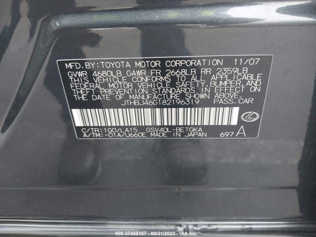 2008 LEXUS ES 350 VIN: JTHBJ46G182196319