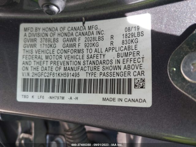 2HGFC2F61KH591495 Honda Civic Sedan Lx