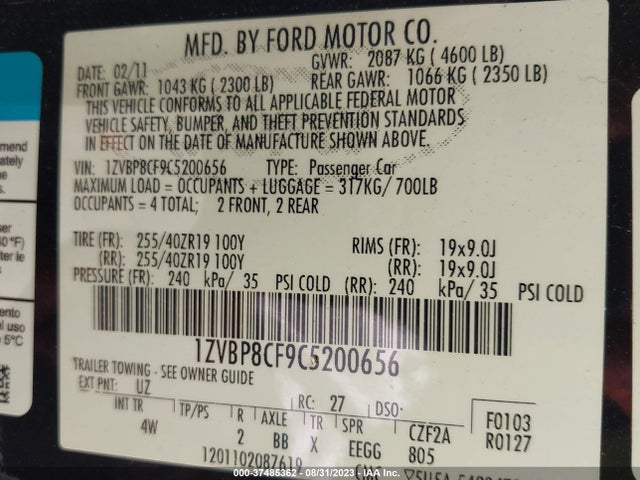 2012 FORD MUSTANG GT VIN: 1ZVBP8CF9C5200656
