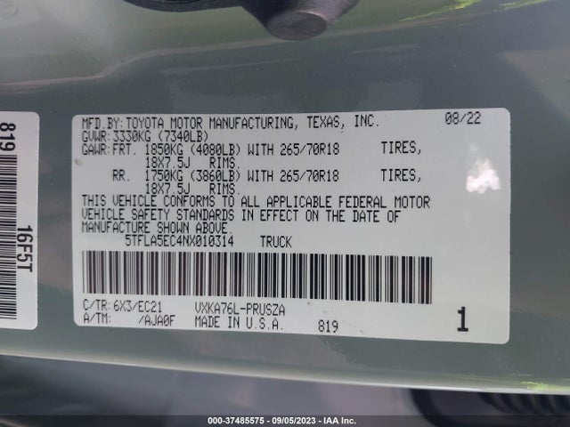 2022 Toyota Tundra, VIN: 5TFLA5EC4NX010314