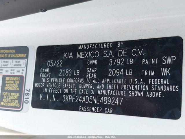 3KPF24AD5NE489247 KIA Forte Lxs
