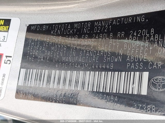 Toyota CAMRY LE 2021 4T1C11AK3MU444449 Image 9