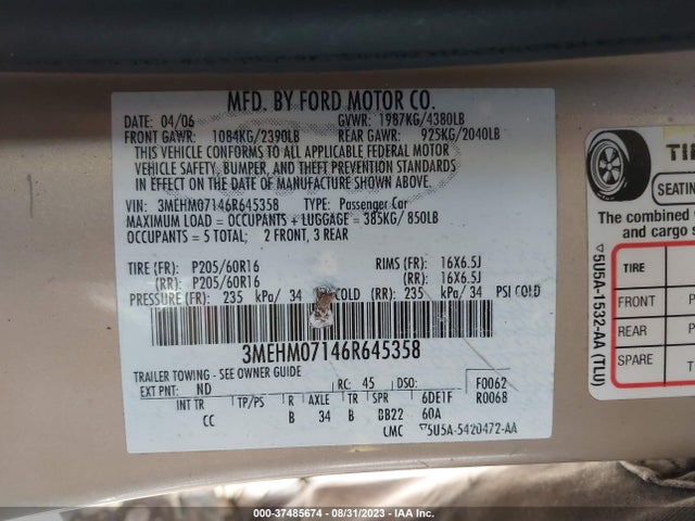 2006 MERCURY MILAN VIN: 3MEHM07146R645358