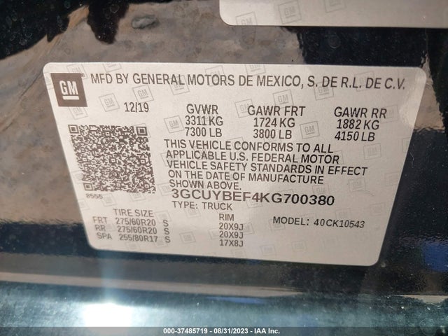 2019 CHEVROLET SILVERADO 1500 CUSTOM VIN: 3GCUYBEF4KG700380