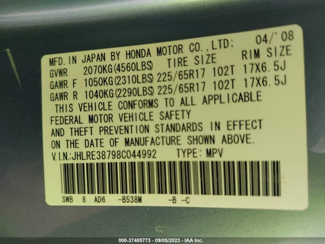 2008 HONDA CR-V EX-L VIN: JHLRE38798C044992