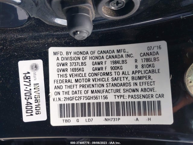 2016 HONDA CIVIC EX VIN: 2HGFC2F75GH561156