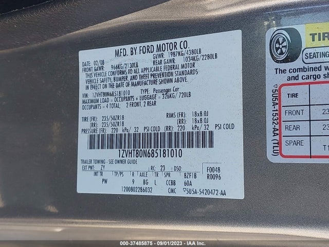 2008 FORD MUSTANG DELUXE/PREMIUM VIN: 1ZVHT80N685181010