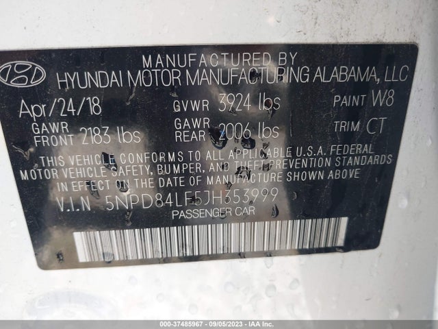 2018 HYUNDAI ELANTRA SEL VIN: 5NPD84LF5JH353999