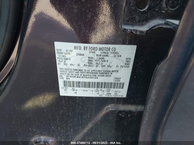 2007 FORD EDGE SEL PLUS VIN: 2FMDK49C87BA59124