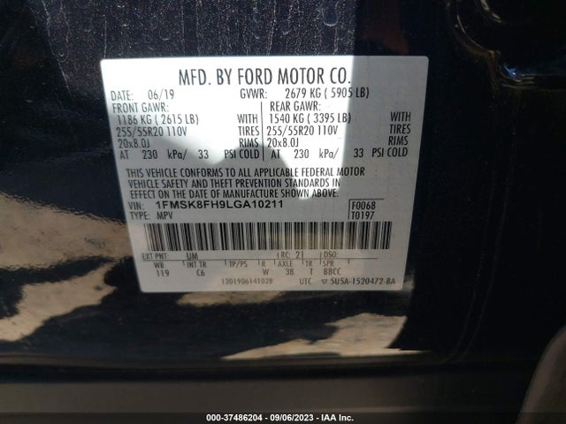 2020 FORD EXPLORER LIMITED VIN: 1FMSK8FH9LGA10211