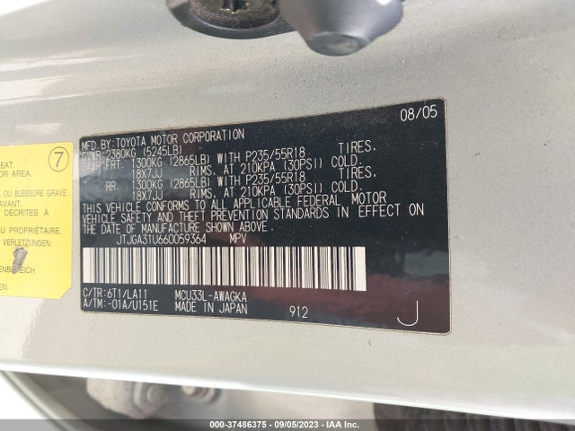 2006 Lexus Rx 330 მანქანა იყიდება აუქციონზე, vin: JTJGA31U660059364, აუქციონის ნომერი: 37486375
