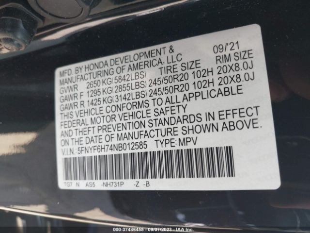 5FNYF6H74NB012585 Honda Pilot Black Edition