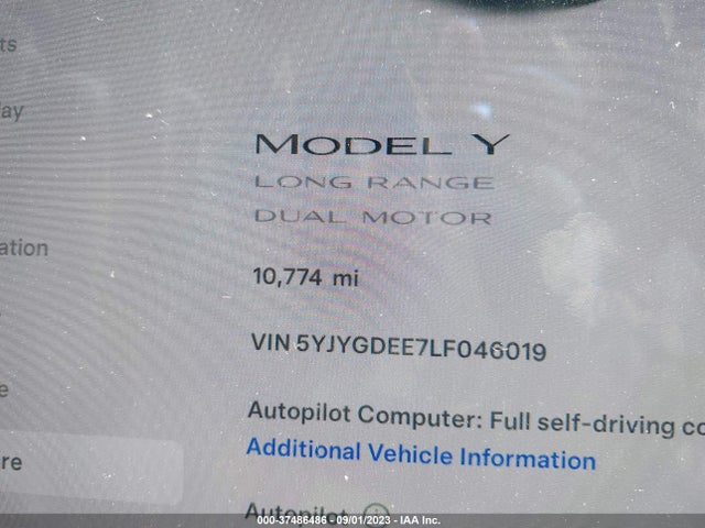 2020 TESLA MODEL Y LONG RANGE VIN: 5YJYGDEE7LF046019