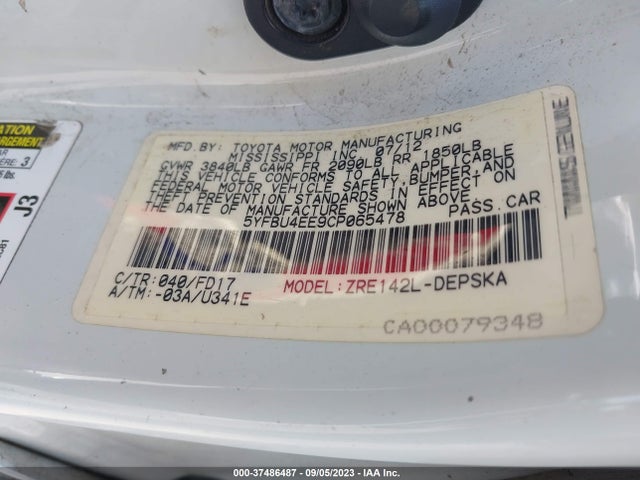 2012 TOYOTA COROLLA L/LE/S VIN: 5YFBU4EE9CP065478